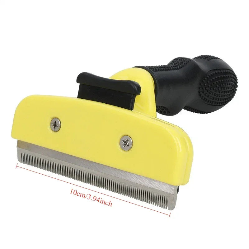 Yellow pet grooming comb with black ergonomic handle, 10cm stainless steel teeth for dogs and cats