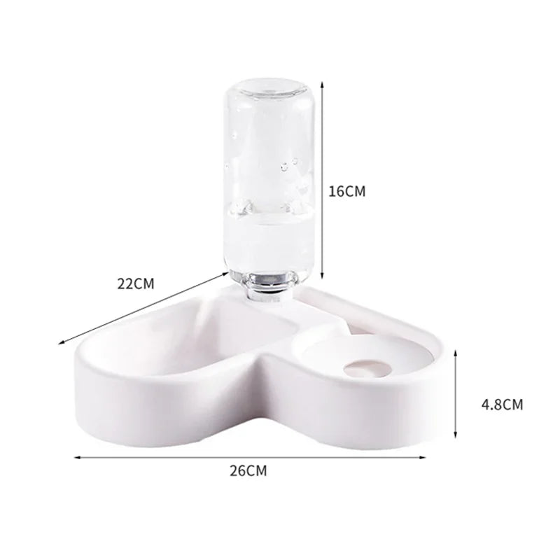 White dual pet feeder with clear water bottle, 26cm wide, for cats and dogs