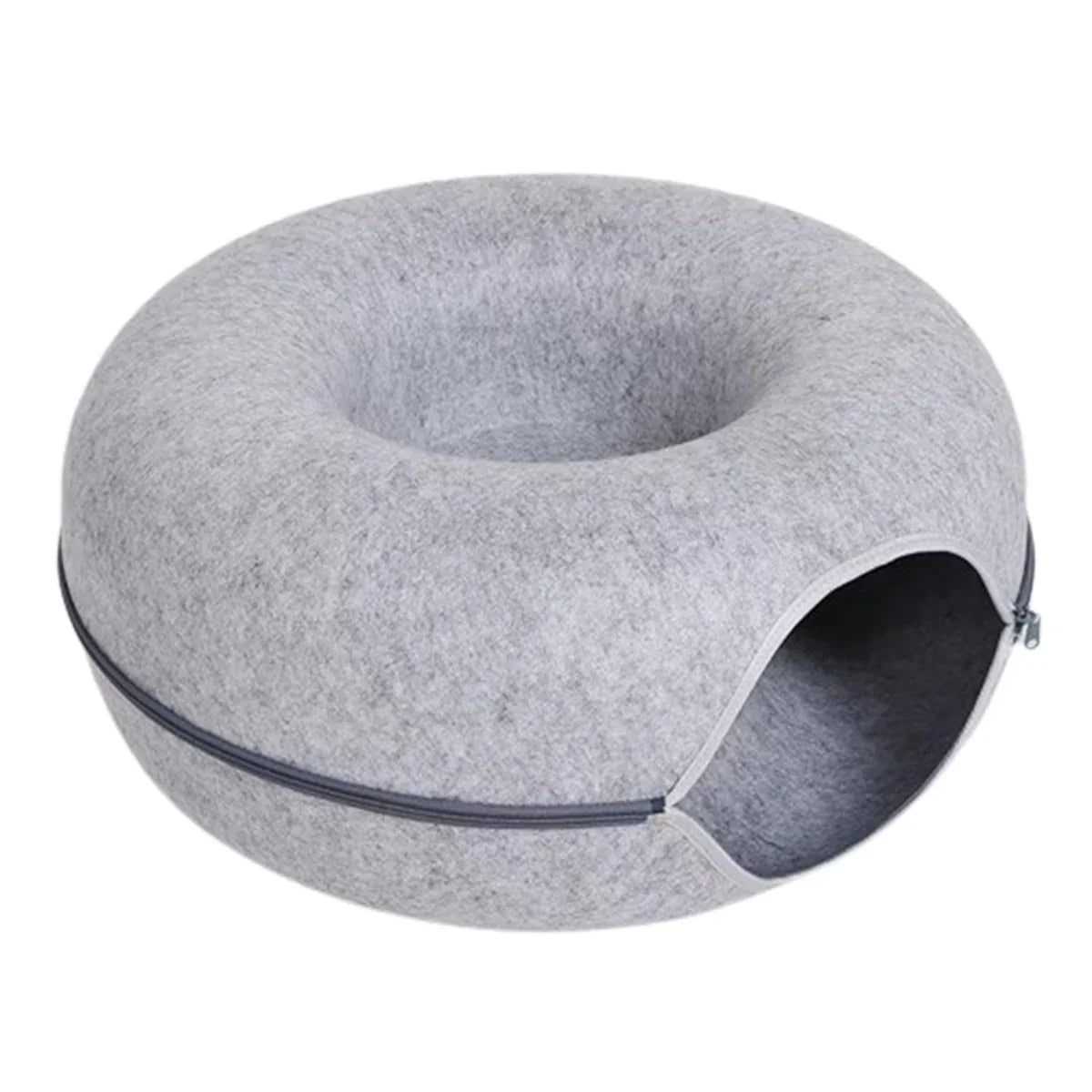 Gray felt donut cat bed with cozy cave entrance, perfect for cats and small dogs