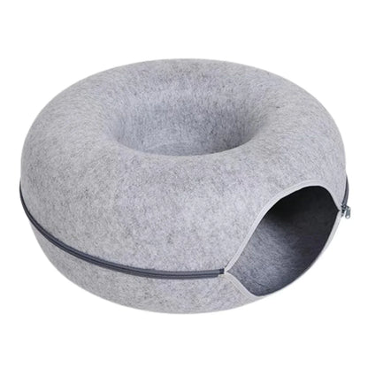 Gray felt donut cat bed with cozy cave entrance, perfect for cats and small dogs