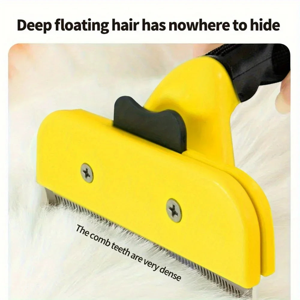 Yellow pet grooming comb with dense teeth removing floating hair from fluffy white fur