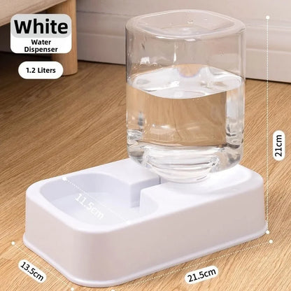 White 1.2L pet water dispenser with clear glass reservoir and measurements for cats and dogs