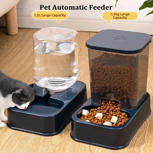 Cat drinking from automatic pet feeder and water dispenser with 1.2L and 1.5kg capacity