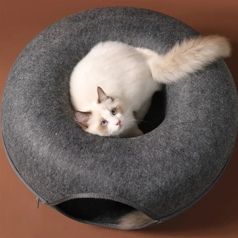 Cozy gray felt cat bed with fluffy Ragdoll cat peeking out, perfect for pet comfort and napping.