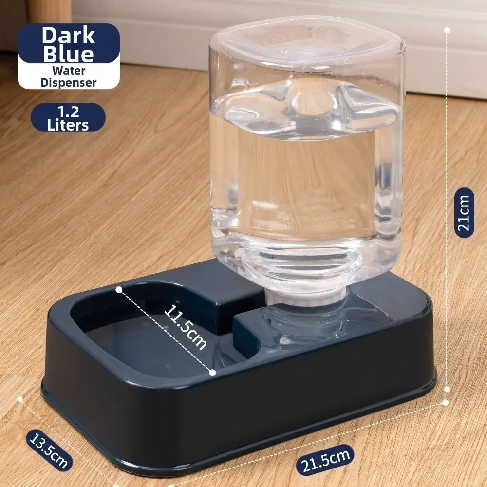 Dark blue 1.2L pet water dispenser with clear reservoir, ideal for cats and dogs, dimensions shown