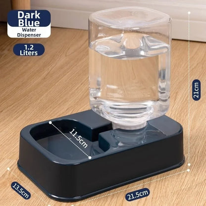 Dark blue 1.2L pet water dispenser with clear reservoir, ideal for cats and dogs, dimensions shown