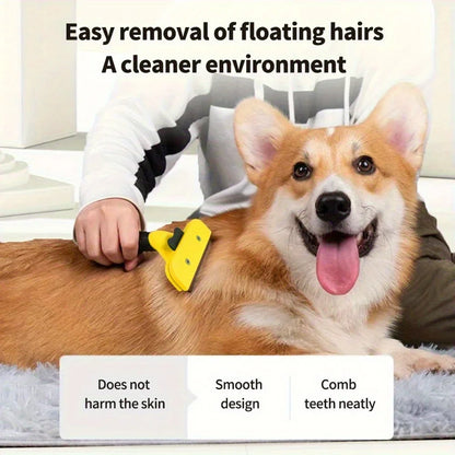 Yellow dog grooming tool removing loose fur from happy Corgi, gentle on skin, neat comb design
