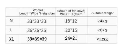 Size chart for pet cave bed: M, L, XL dimensions and weight limits for cats and dogs