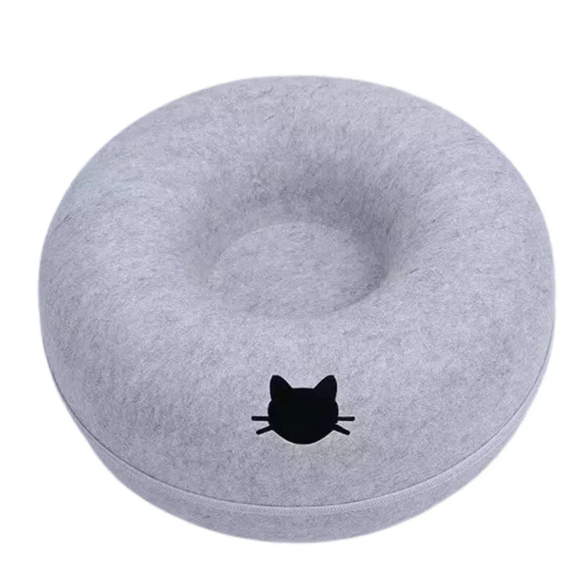Gray donut-shaped cat bed with black cat face design, cozy pet nest for cats