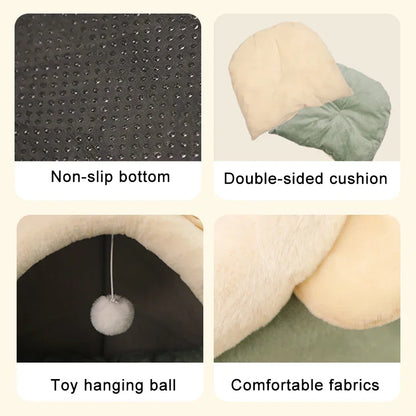 Cozy pet bed with non-slip bottom, double-sided cushion, hanging toy ball, and soft fabrics for cats & dogs