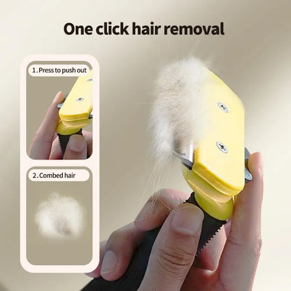 Yellow pet grooming tool with one-click hair removal for cats and dogs, shown combing and ejecting fur