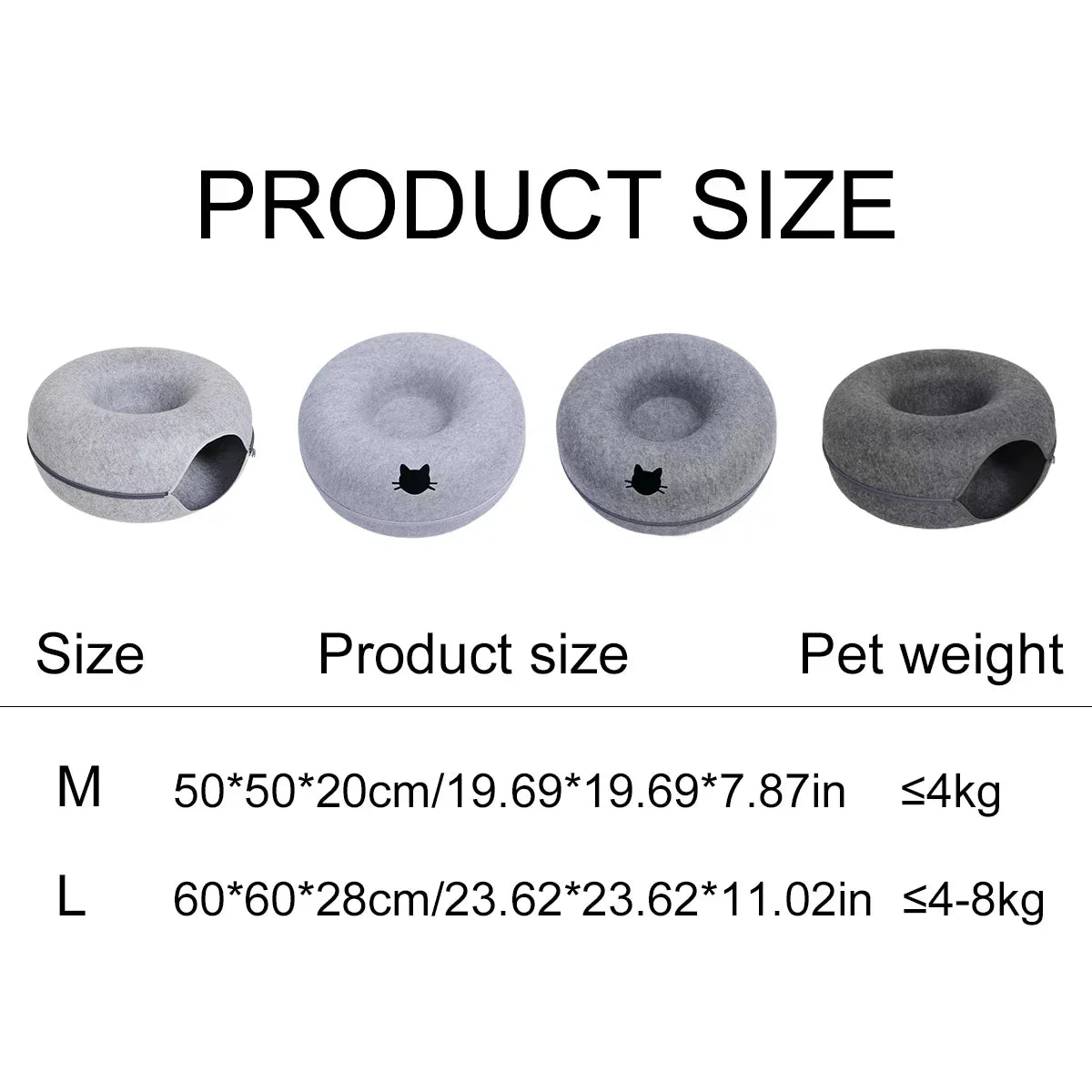 Donut-shaped cat bed sizes M and L with dimensions and weight capacity for cozy pet sleep