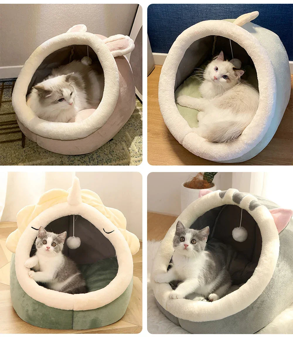 Cozy cat beds with bunny, unicorn, and cat ear designs for kittens and cats to snuggle in comfort