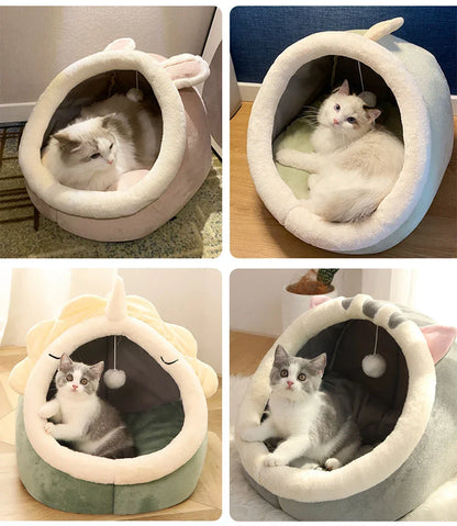 Cozy cat beds with bunny, unicorn, and cat ear designs for kittens and cats to snuggle in comfort