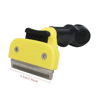 Yellow pet grooming rake with black ergonomic handle, 6.5cm stainless steel teeth for dog or cat fur removal