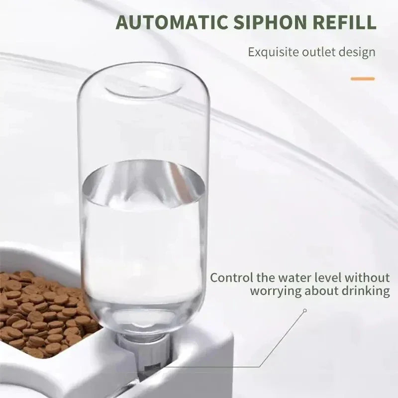 Automatic siphon refill pet waterer with food bowl, clear bottle design for cats and dogs