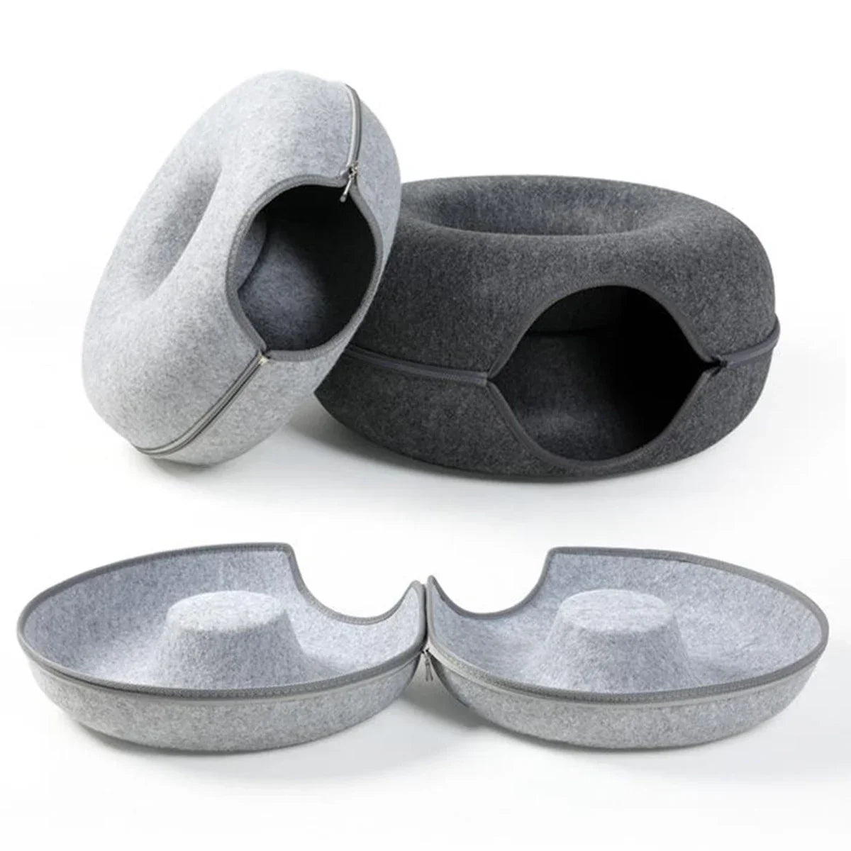 Modern felt cat bed with cozy cave design, available in gray shades for cats and small dogs