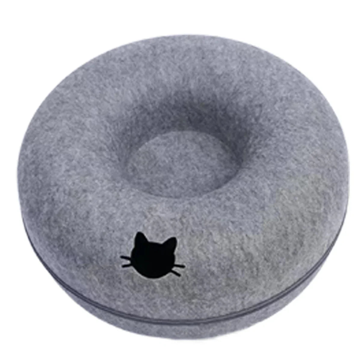 Gray donut cat bed with black cat face design, cozy pet nest for cats