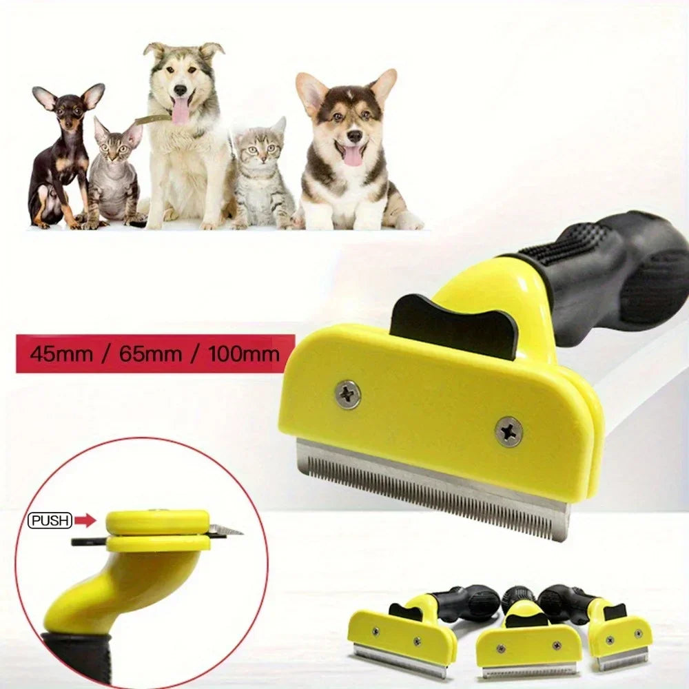 Yellow pet grooming deshedding tool with interchangeable blades for dogs and cats, 45mm/65mm/100mm sizes
