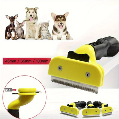 Yellow pet grooming deshedding tool with interchangeable blades for dogs and cats, 45mm/65mm/100mm sizes