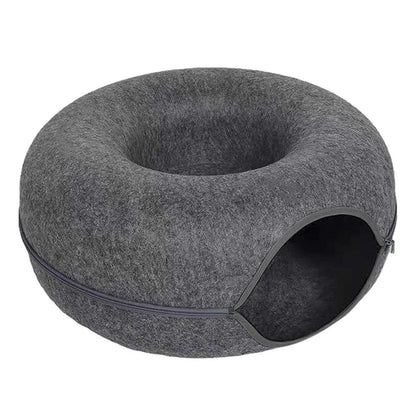 Cozy gray felt donut cat bed with enclosed hideaway for cats and small dogs