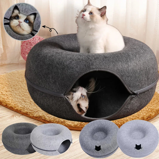 Cozy gray felt cat bed with tunnel, perfect for cats to hide and play, shown with fluffy cat inside