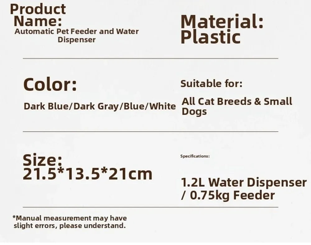 Automatic pet feeder and water dispenser for cats and small dogs, plastic, 1.2L water + 0.75kg food capacity