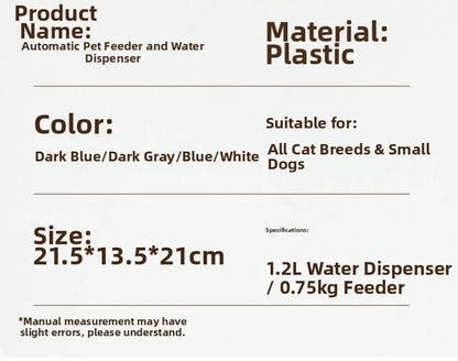 Automatic pet feeder and water dispenser for cats and small dogs, plastic, 1.2L water + 0.75kg food capacity