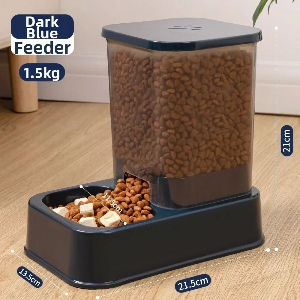 Dark blue 1.5kg automatic pet feeder with measured kibble bowl, ideal for cats and dogs