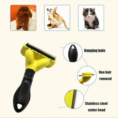 Yellow pet grooming rake with stainless steel blades for dogs and cats, featuring hanging hole and ergonomic handle
