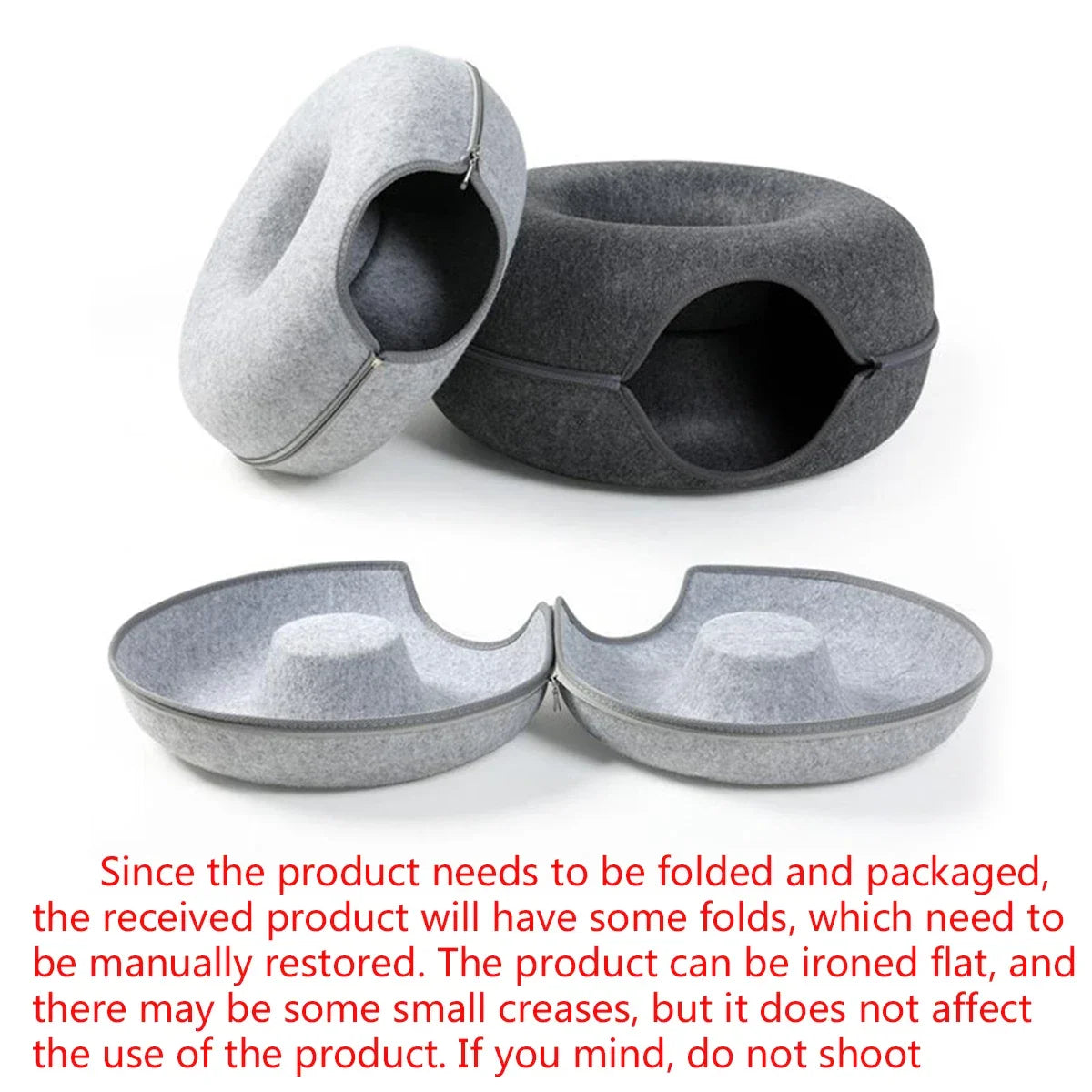 Foldable felt pet bed in gray, cozy donut shape for cats and dogs, portable and soft sleeping nest