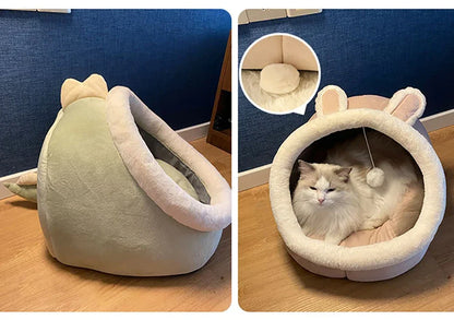 Cozy cat bed with bunny ears, soft plush pet nest for cats, featuring a playful design and comfortable interior.
