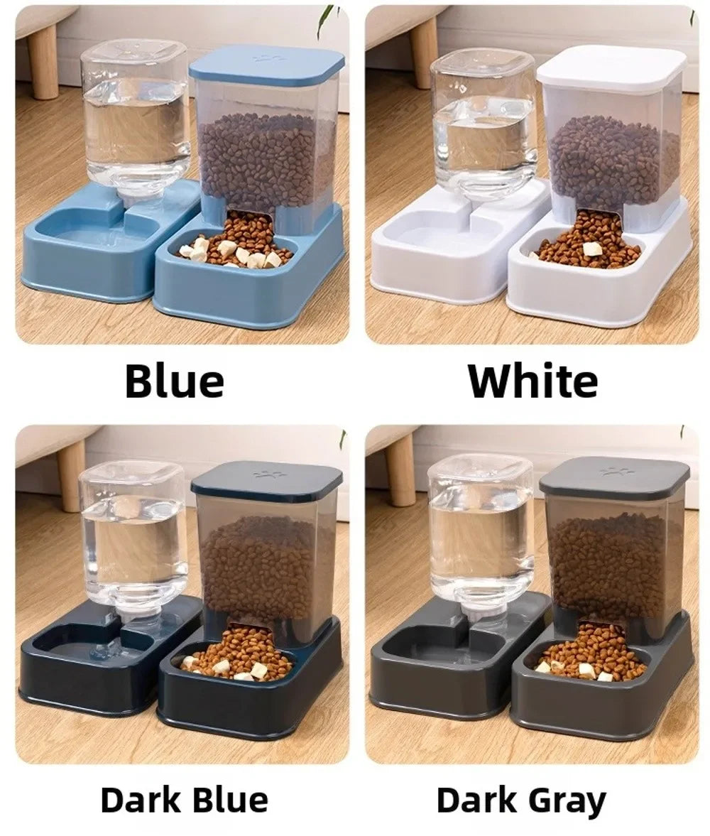 Automatic pet feeder and water dispenser in blue, white, dark blue, and dark gray for cats and dogs