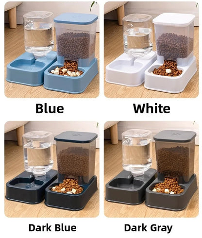 Automatic pet feeder and water dispenser in blue, white, dark blue, and dark gray for cats and dogs