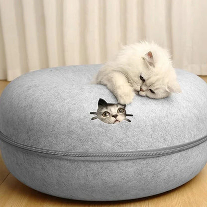 Fluffy white kitten lounging on cozy gray cat bed with peek-a-boo face design, perfect for playful cats.